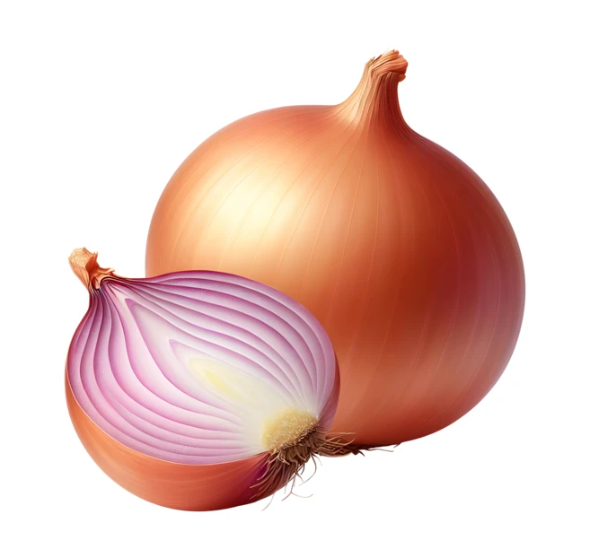 Whole yellow onion and half slice isolated on white