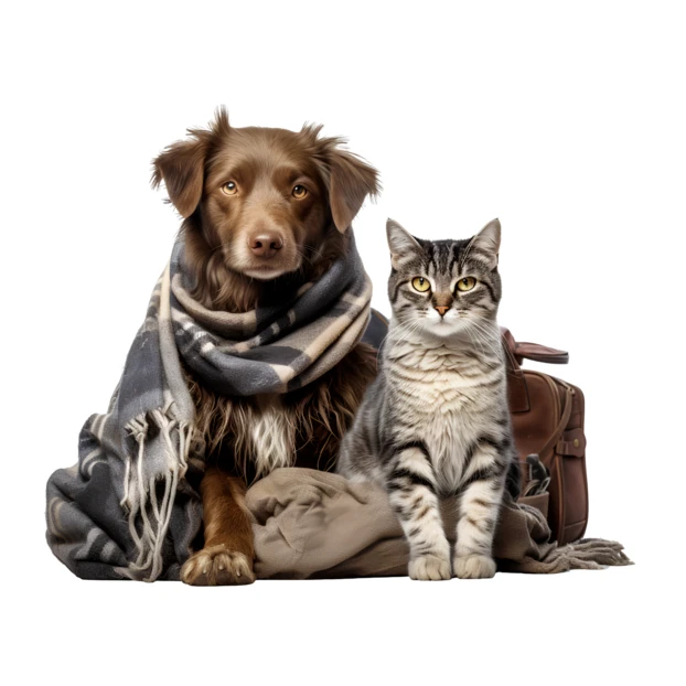 Dog and cat sitting with travel luggage and scarf
