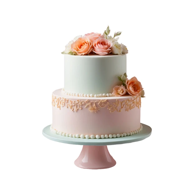 Two-tiered pastel wedding cake with roses on white background