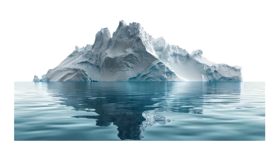 Large iceberg floating in calm blue ocean with reflection