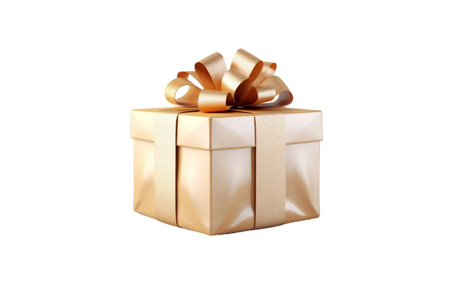 Elegant gold gift box with ribbon on white background