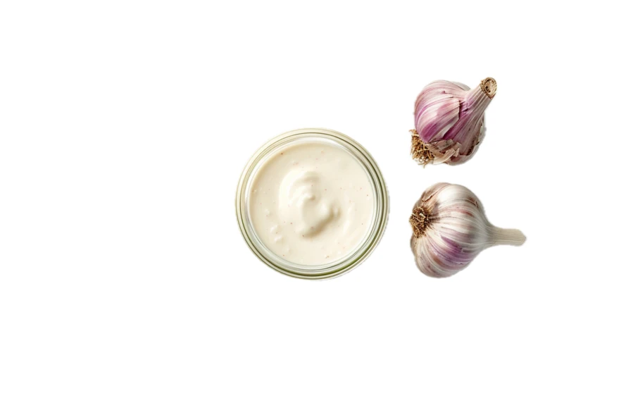 Garlic sauce in glass bowl with fresh garlic bulbs