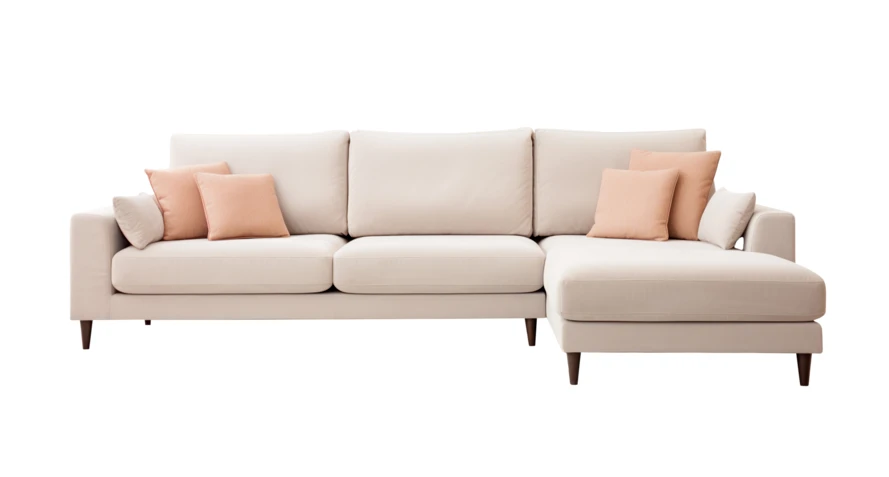 Modern cream sectional sofa with pillows isolated on white