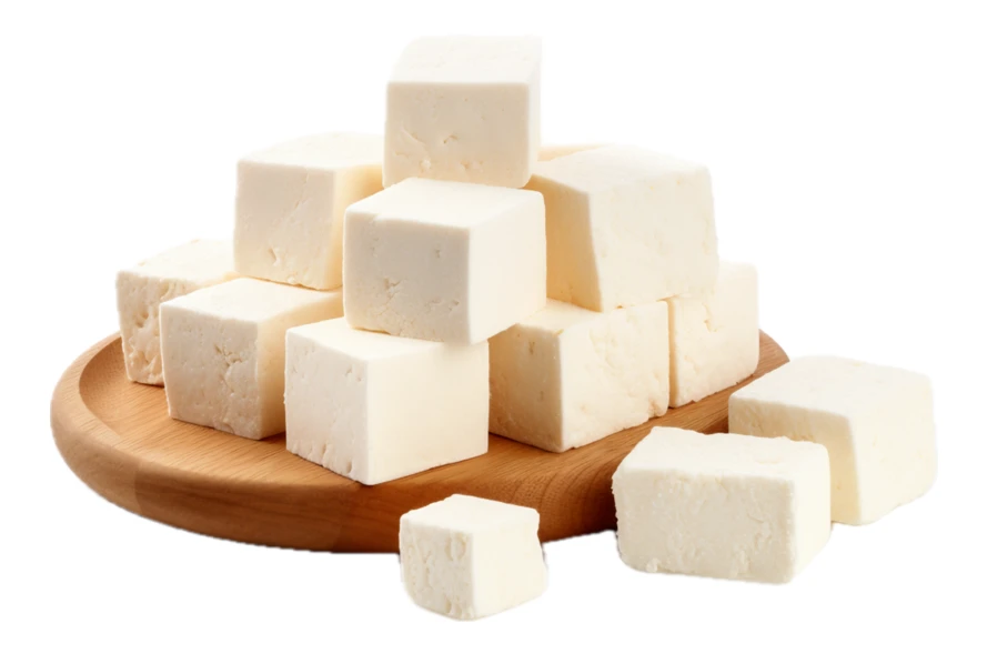 Cubes of fresh white paneer on a wooden plate