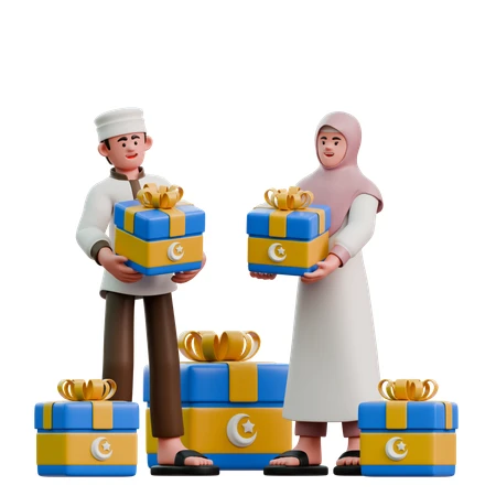 A couple holding many gift boxes