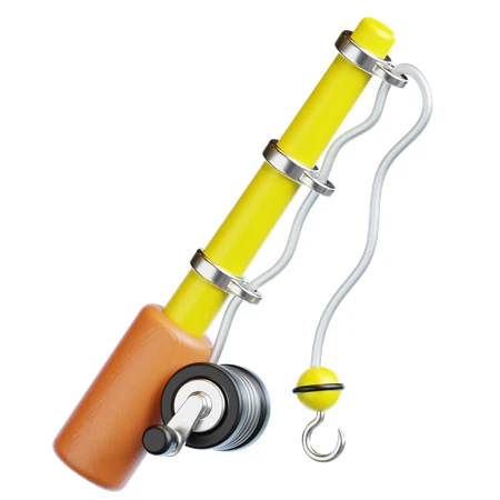 3D stylized yellow fishing rod icon isolated on white
