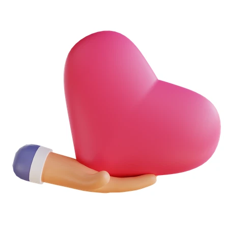 3D cartoon hand holding a large pink heart icon
