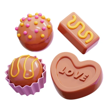 3D render of assorted chocolate pralines and heart-shaped candy