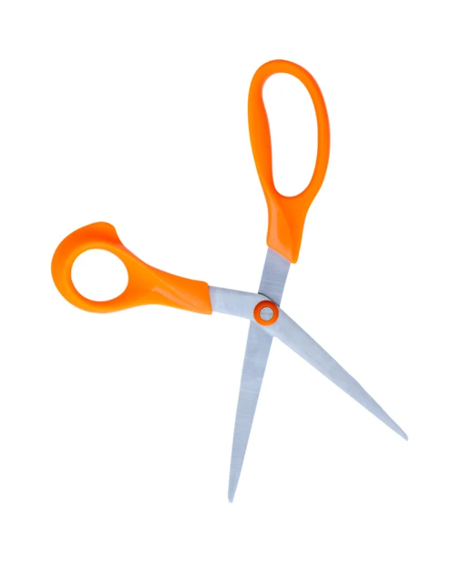 Open orange handled scissors isolated on white background