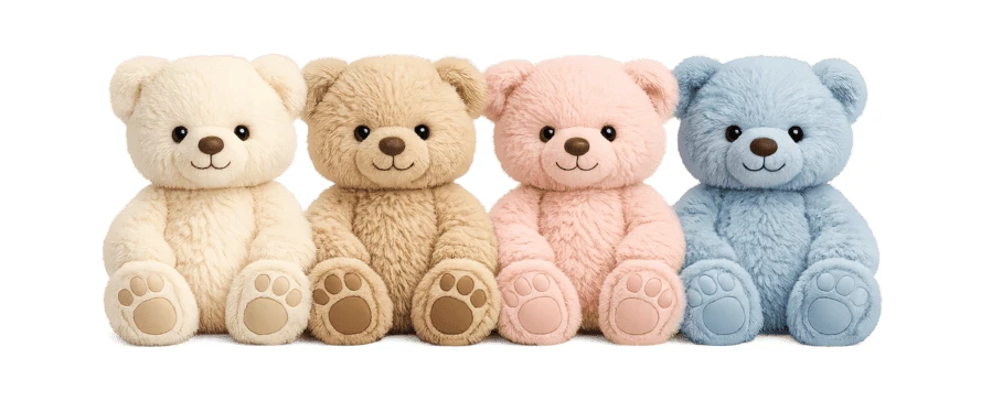 Four colorful teddy bears in a row on white background