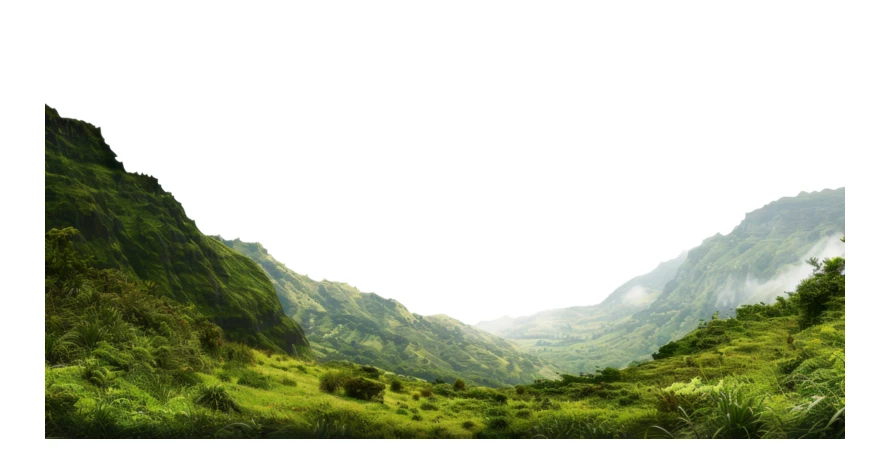 Lush green mountain valley landscape under a bright sky