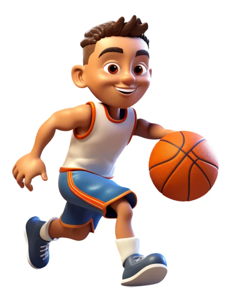 3D cartoon boy basketball player dribbling on white background