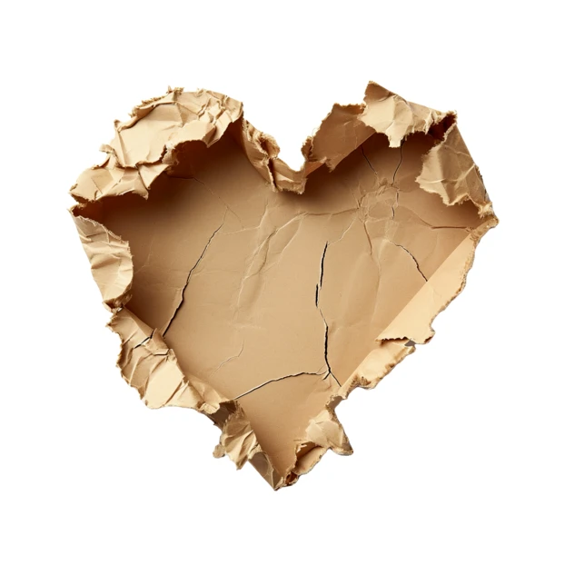 Heart shape torn out of brown paper on white background