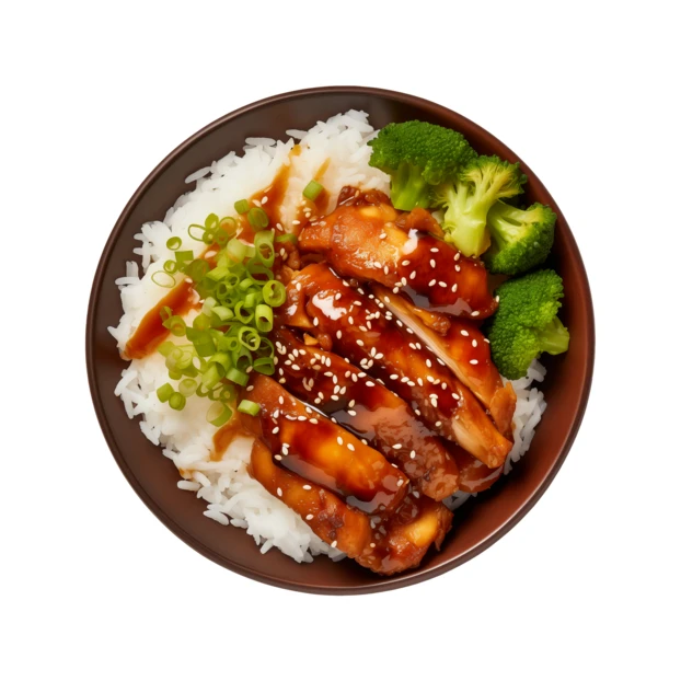 Chicken teriyaki bowl with rice and broccoli isolated on white