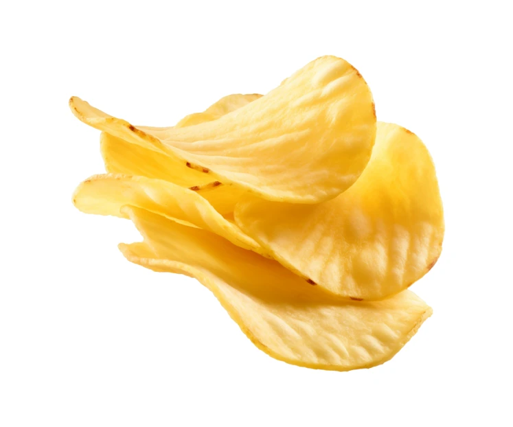 Stack of ridged potato chips isolated on white background