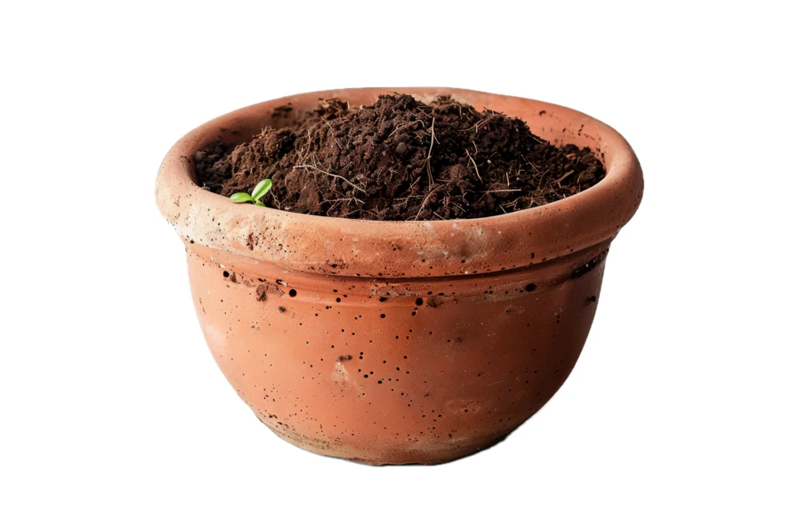 Terracotta flower pot with soil and a small green sprout