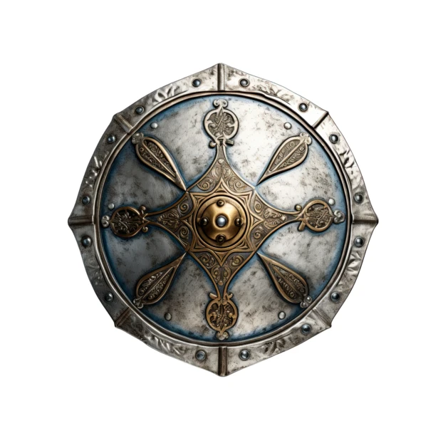 Ornate medieval circular metal shield with intricate gold filigree