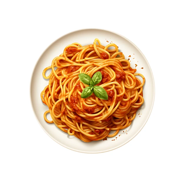 Spaghetti with tomato sauce and fresh basil on white plate