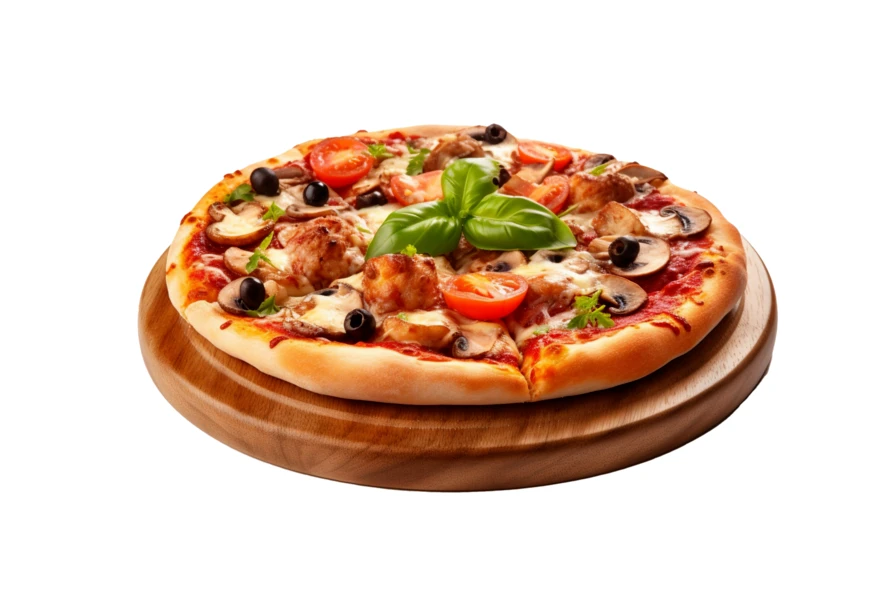 Fresh pizza with mushrooms and tomatoes on wooden board isolated