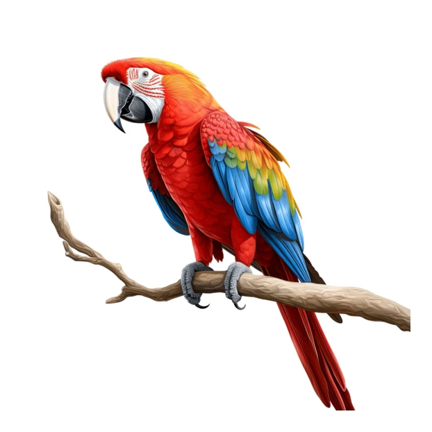 Vibrant scarlet macaw perched on a branch isolated on white