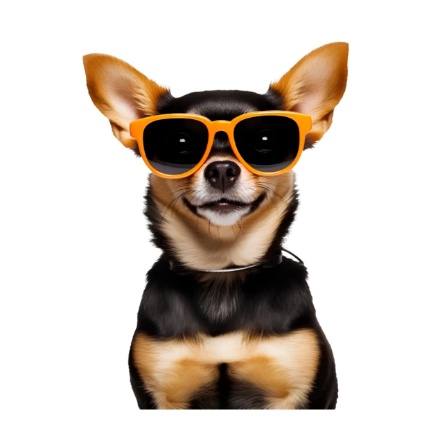 Small dog wearing orange sunglasses isolated on white background