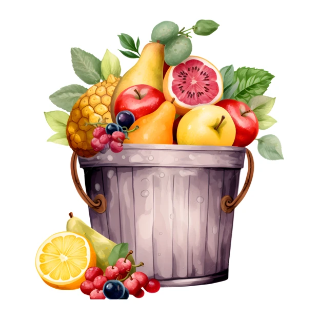 Watercolor illustration of a wooden bucket filled with fresh fruits