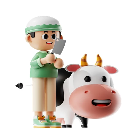 Muslim Boy with Butcher Cleaver and Cow
