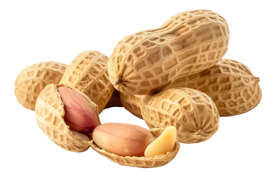 Whole and cracked peanuts isolated on white background