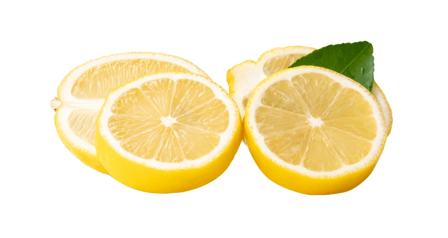 Fresh lemon slices with green leaf isolated on white background