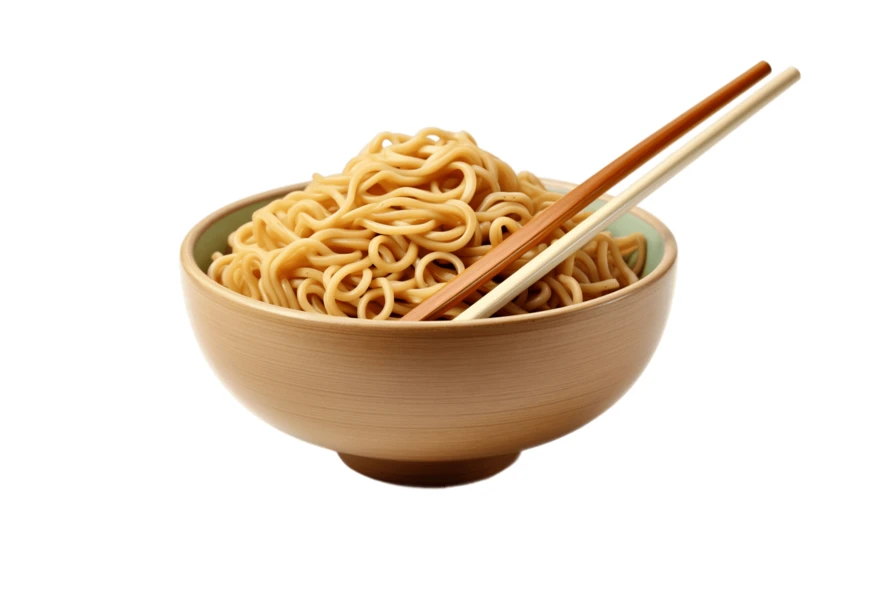Bowl of instant noodles with chopsticks on white background