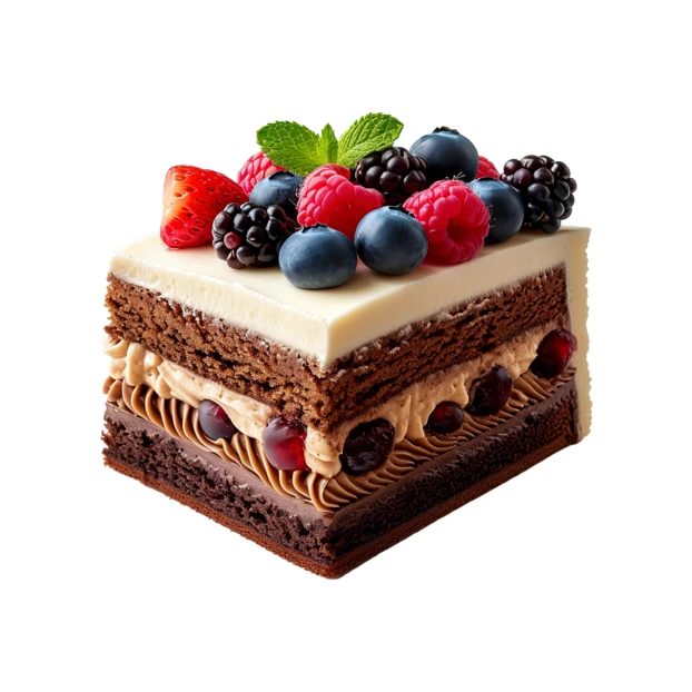 Chocolate layer cake slice with fresh berries isolated on white