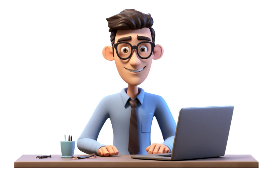 3D cartoon office worker sitting at desk with laptop