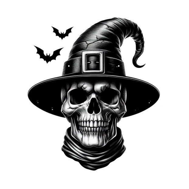 Skull wearing a witch hat with bats Halloween illustration