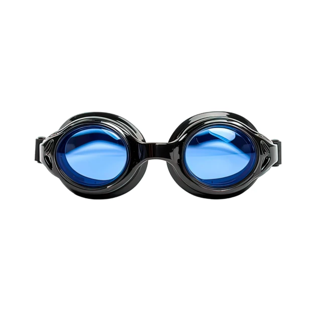 Professional black swimming goggles with blue lenses isolated on white
