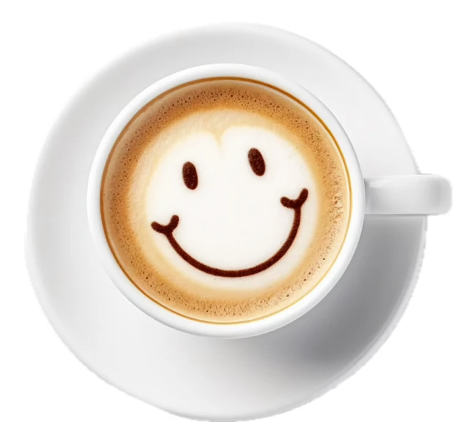 Cup of coffee with smiley face latte art top view