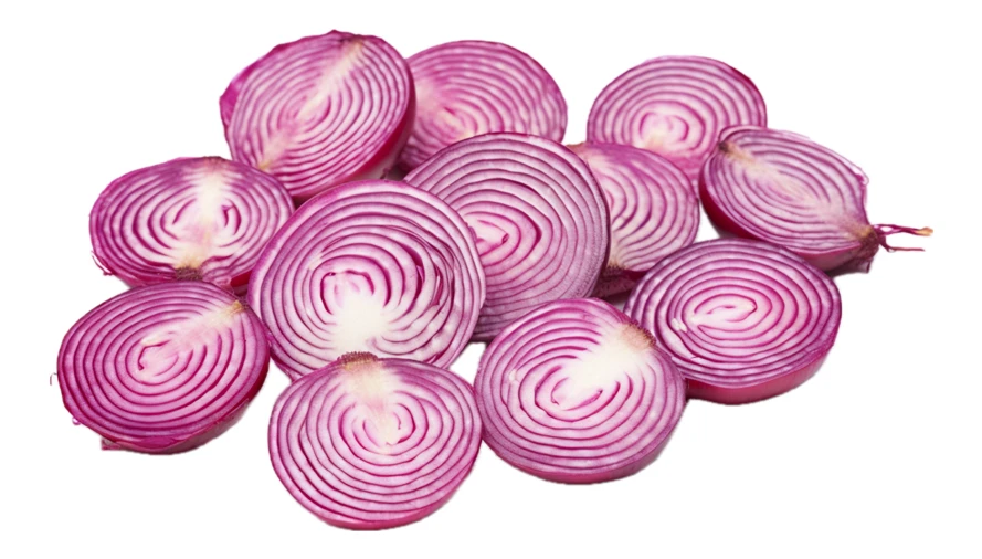 Sliced red onions isolated on white background