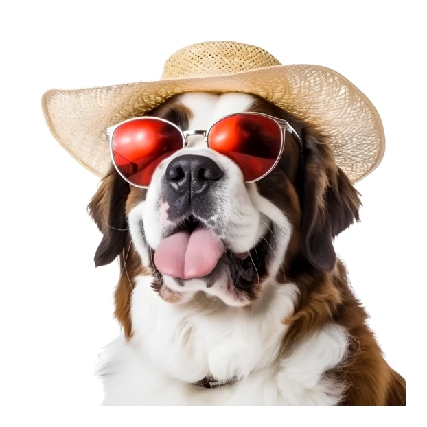 Funny Saint Bernard dog wearing sunglasses and straw hat