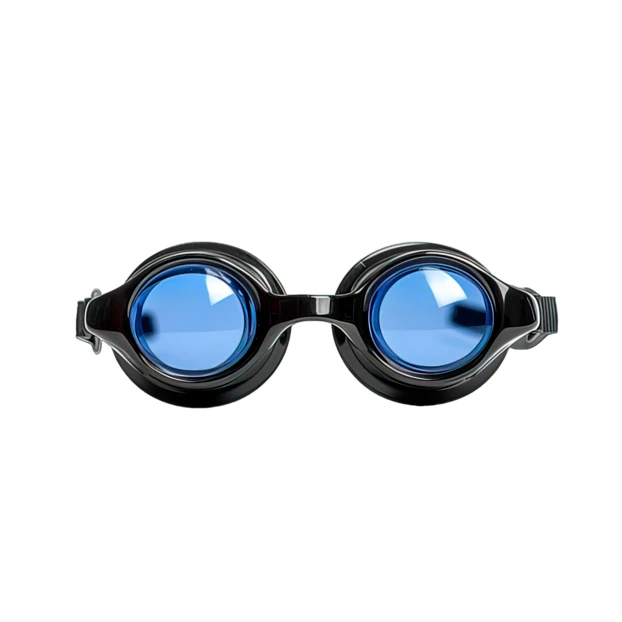 Black swimming goggles with blue lenses on white background