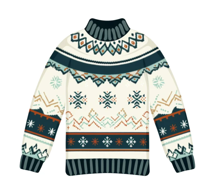 White winter sweater with Nordic Fair Isle pattern
