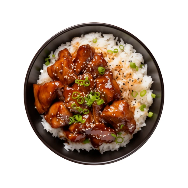 Teriyaki chicken with white rice in a bowl top view