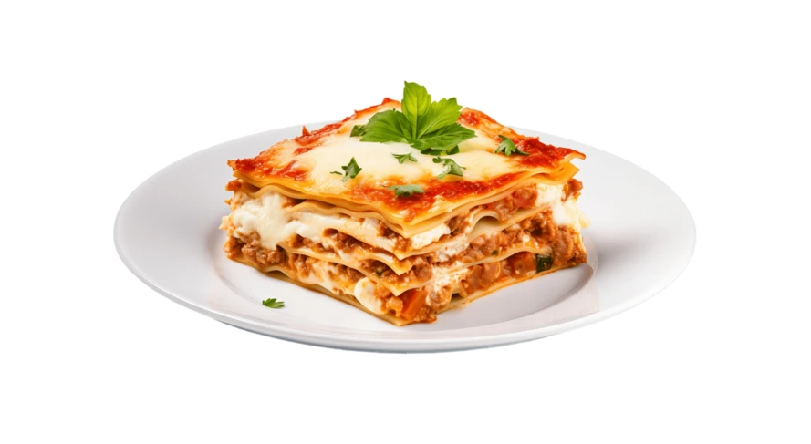 Slice of meat lasagna on a white plate