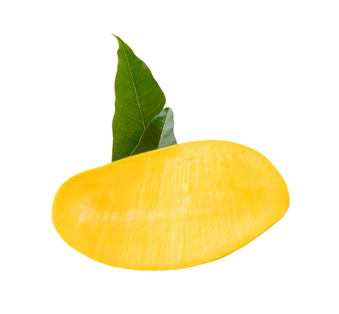 Fresh yellow mango slice with green leaf isolated on white