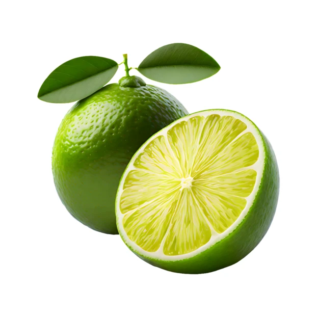 Fresh whole and halved green lime with leaves