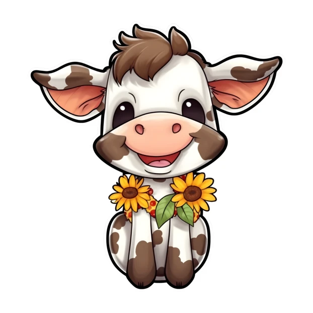 Cute cartoon cow wearing a sunflower collar illustration