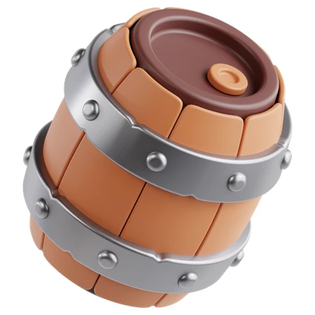 3D stylized wooden barrel with metal hoops isolated