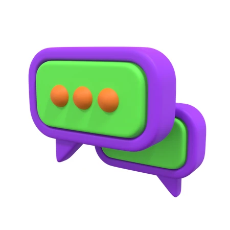 3D purple and green chat bubble icons on white background