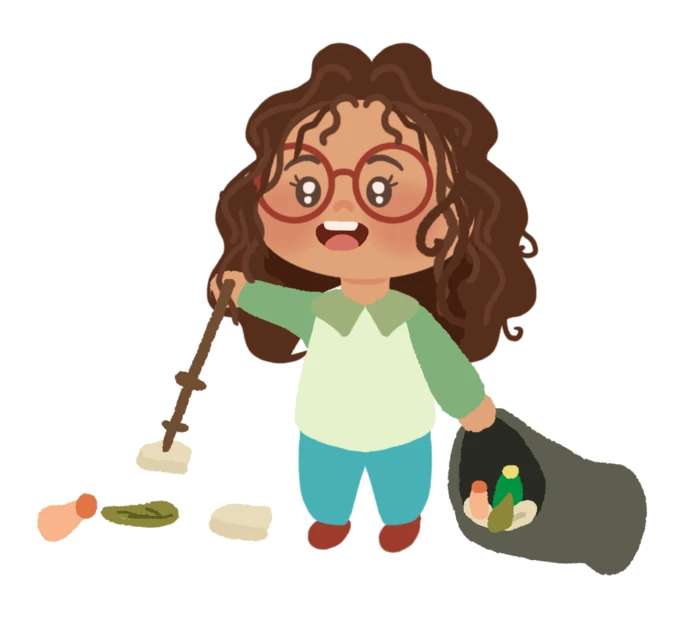 Cartoon girl picking up trash for environmental cleaning