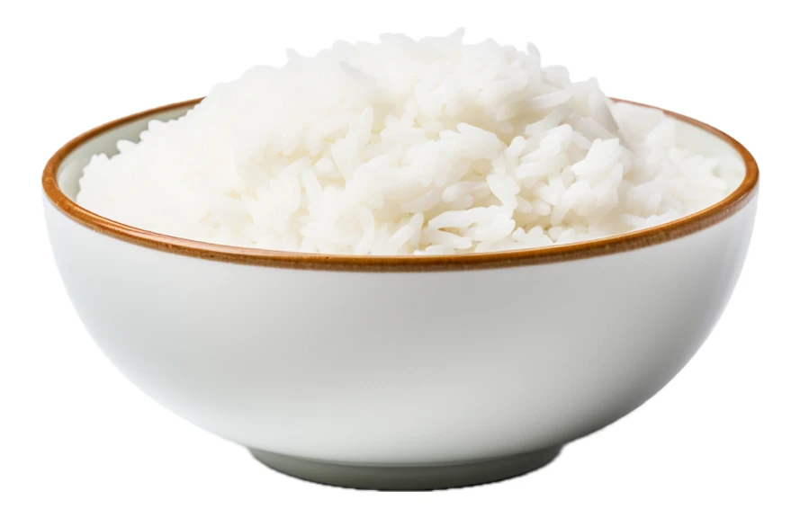 Bowl of steamed white jasmine rice isolated on white