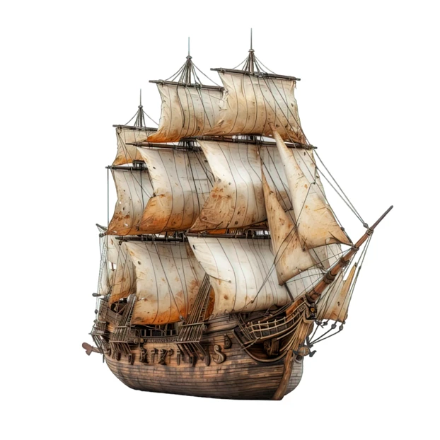 Vintage wooden sailing ship with weathered sails isolated on white