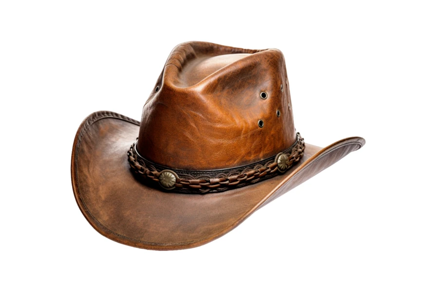 Vintage brown leather cowboy hat on white background